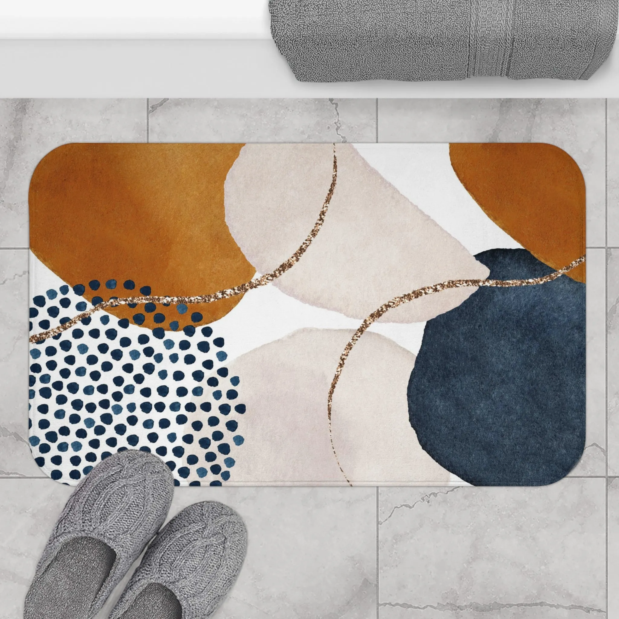Abstract Bath Mat | Watercolor Navy Blue, Burnt Orange