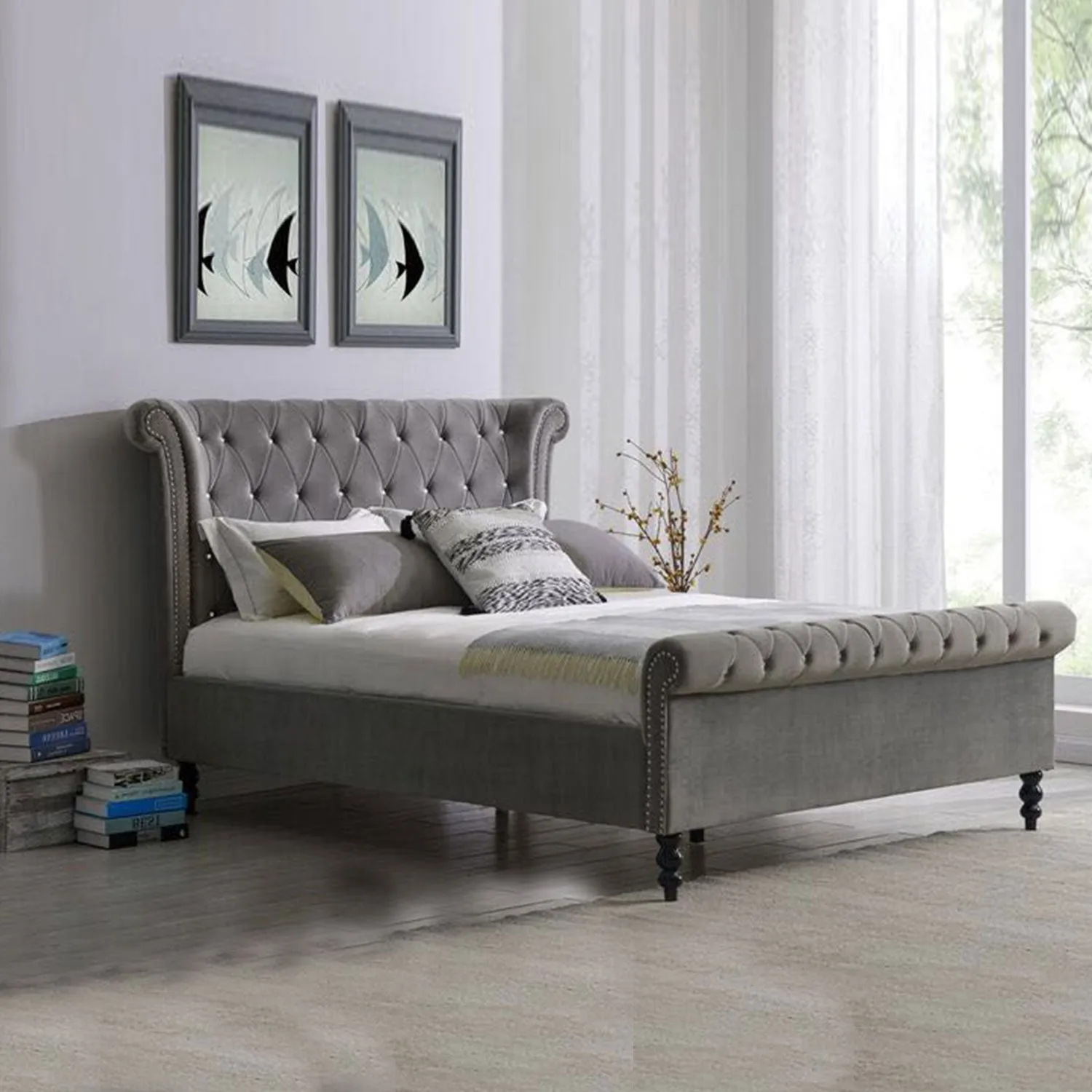 Ariel Silver upholstered Velvet Bed