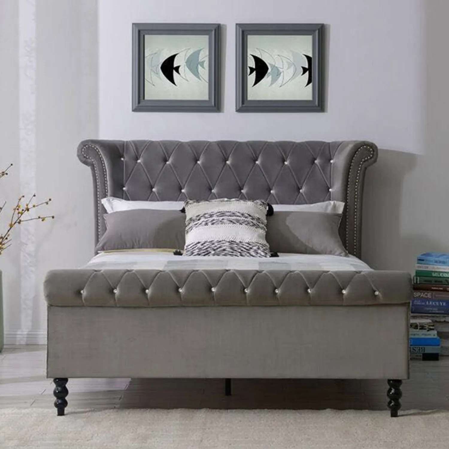 Ariel Silver upholstered Velvet Bed