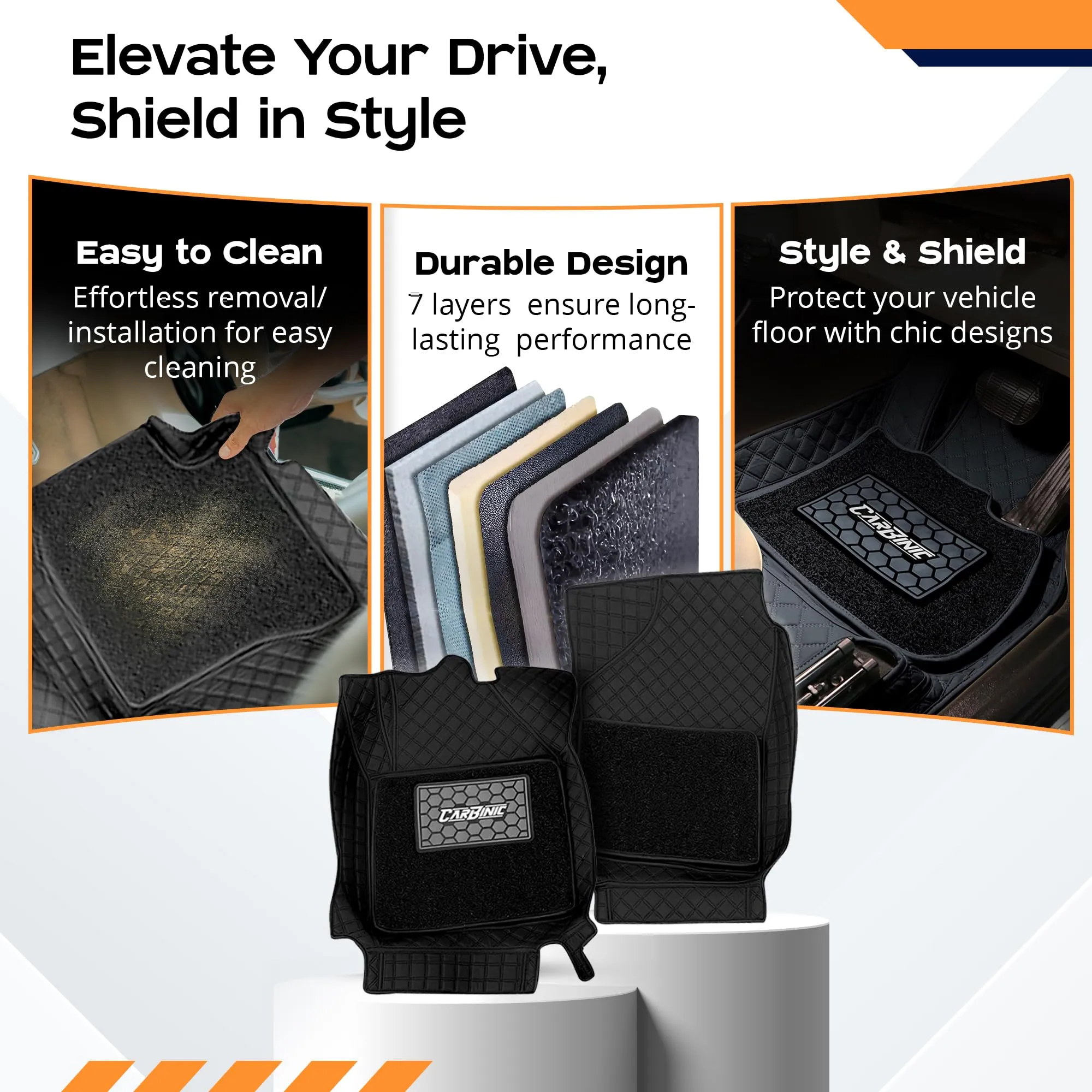 CARBINIC 7D Car Mats | Compatible for Hyundai Verna 2023 | 7-Depth Layer Protection Car Floor Mats Anti Skid | Car Accessories | Detachable Layer of Curly Mat | Premium Double Stitched Leather Mats