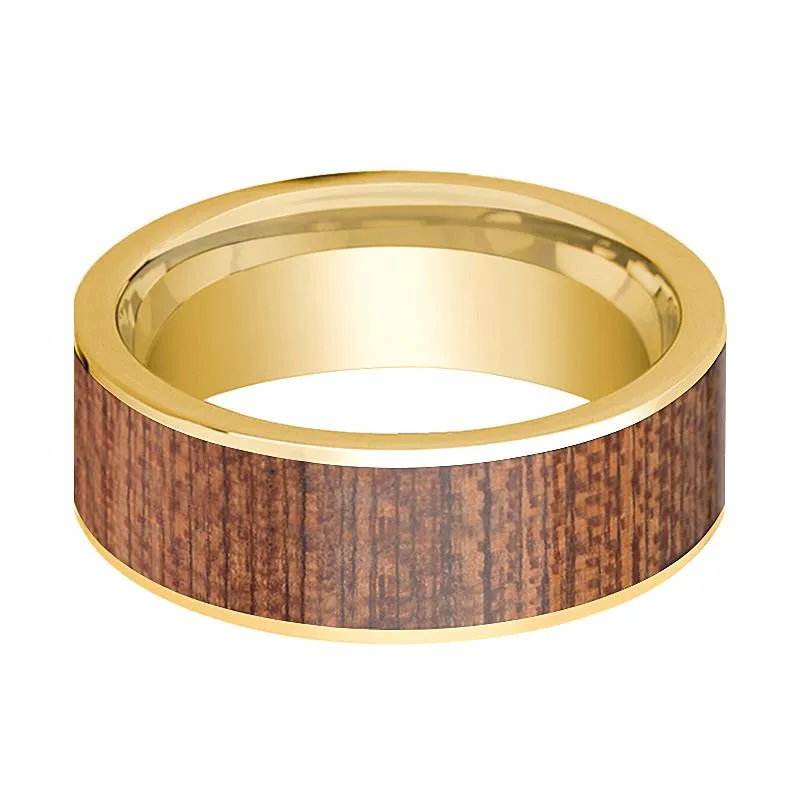 Cherry Wood Inlaid Flat 14k Gold Wedding Band for Men Polished Finish - 8MM