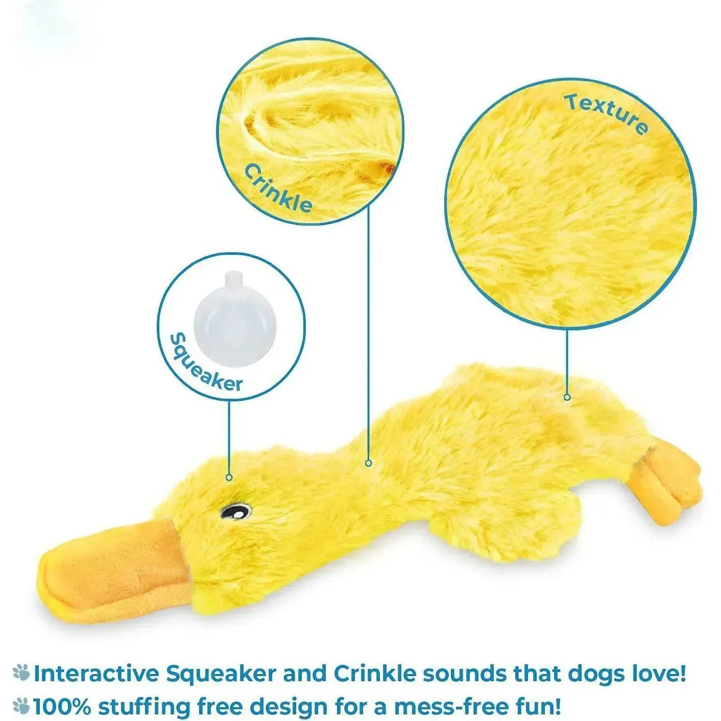 Crinkle Dog Toy - No Stuffing Duck, Squeaker, Yellow