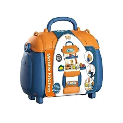 G.FIDEL 3 in 1 Multi Function Pretend Mobile Kitchen Playset to Play Little Chef's Kitchen Set with Portable Suitcase Design | Kitchen Set for Girls - 31Pcs (Blue Mobile KITCHENSET)
