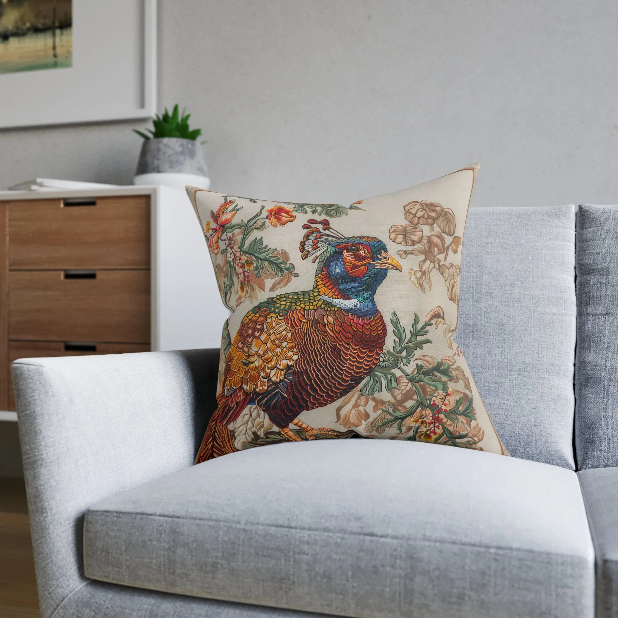 Medieval Needle-Point Pheasant - Square Pillow - UK