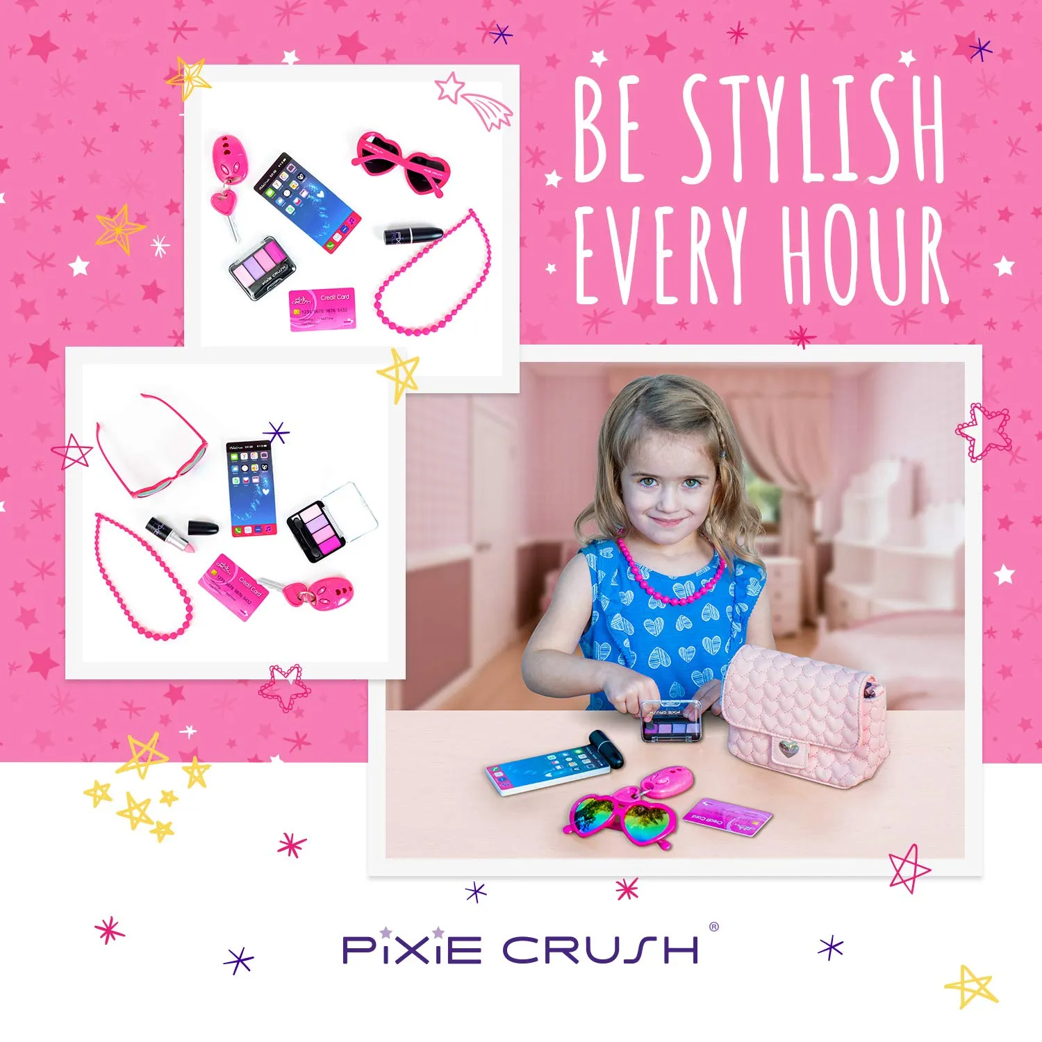 PixieCrush Pretend Play Purse & Makeup for Girls - Fun Little Girl Cosmetics Toys Set