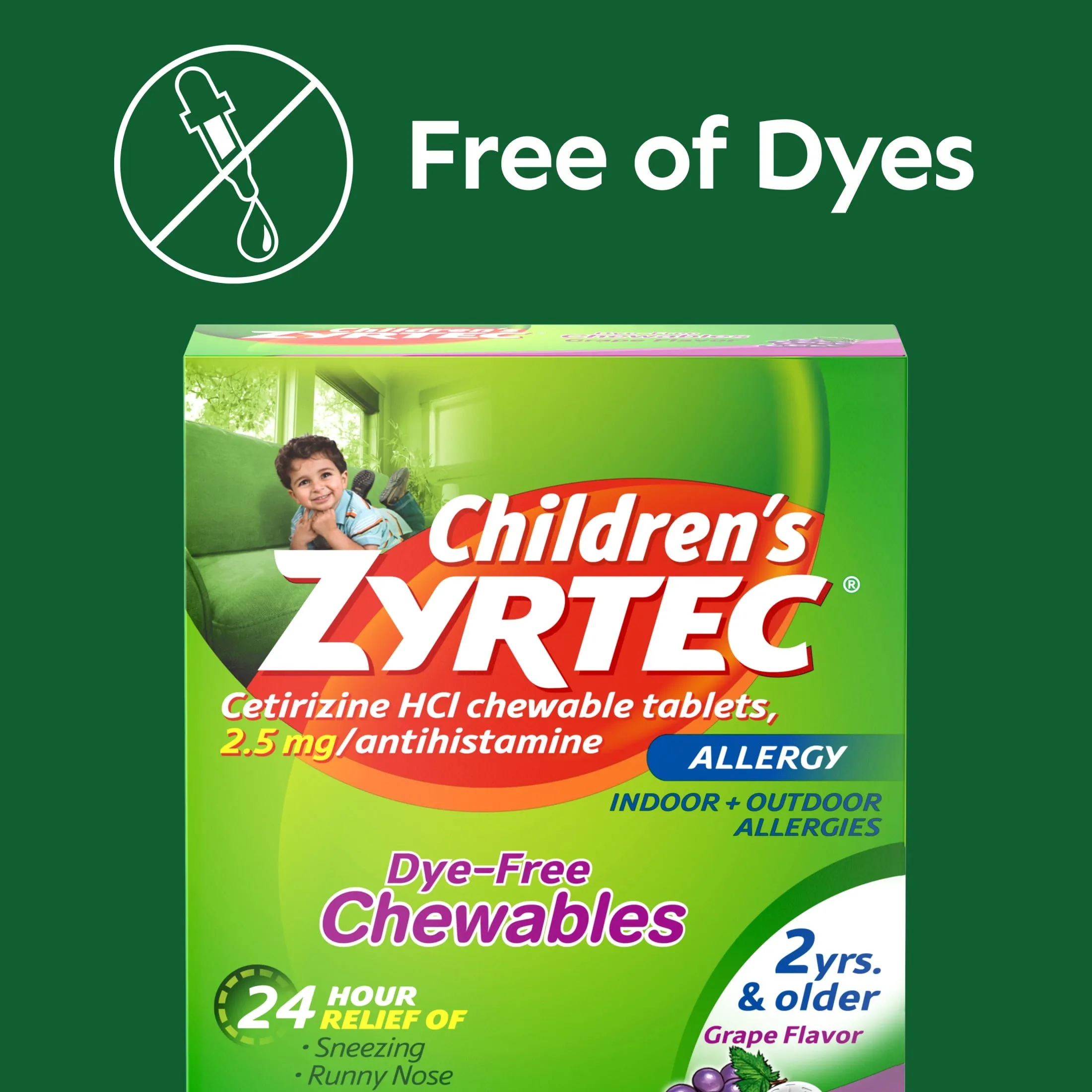 Zyrtec 24 Hour Children's Allergy Chews, 2  yrs, 2.5 mg Grape, 24Ct