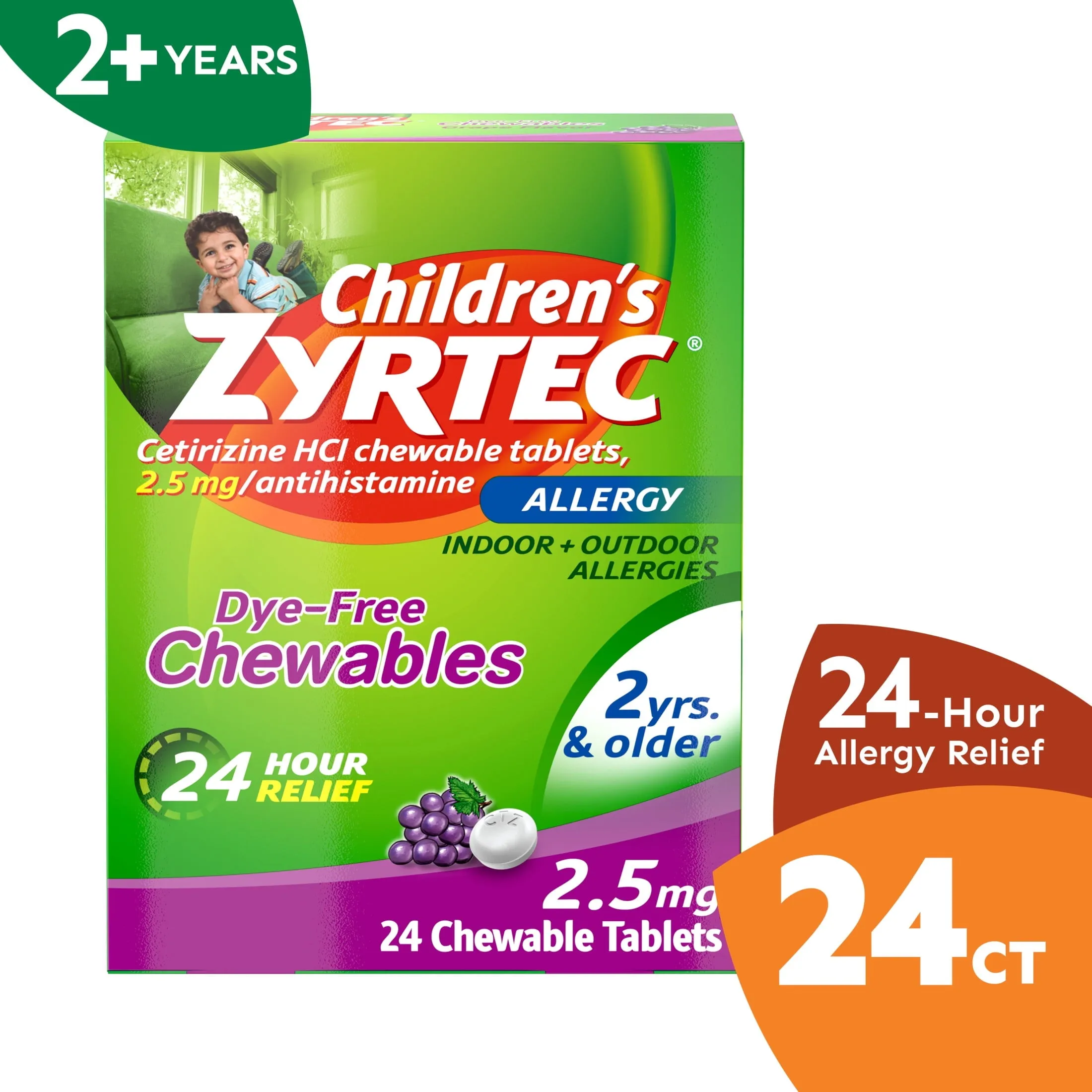 Zyrtec 24 Hour Children's Allergy Chews, 2  yrs, 2.5 mg Grape, 24Ct